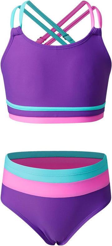 Girls Swimsuit Kids 2 Piece Color Block Bathing Suits