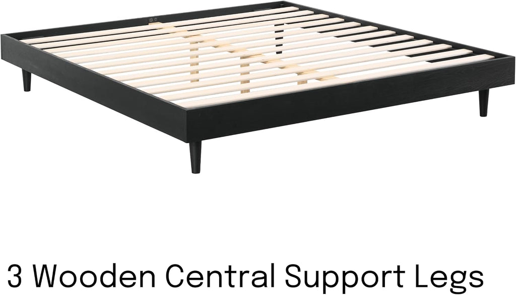 Fly Wooden Bed Frame Without Headboard, Solid Oak and Rubber Wood Foundation with Silent Slats and Wood Central