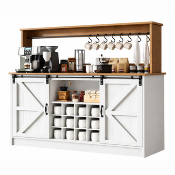 55" Farmhouse Coffee Bar Cabinet with Storage & Wine Rack, White