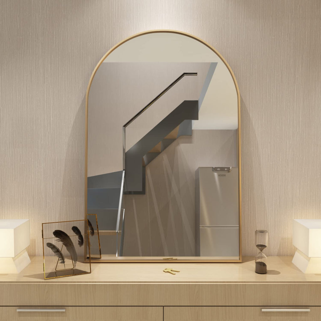 Wall Mounted Mirror, Arched Wall Mirror, 24"x36" Arch Bathroom Mirror with Metal Frame, Gold Vanity Mirror Decor