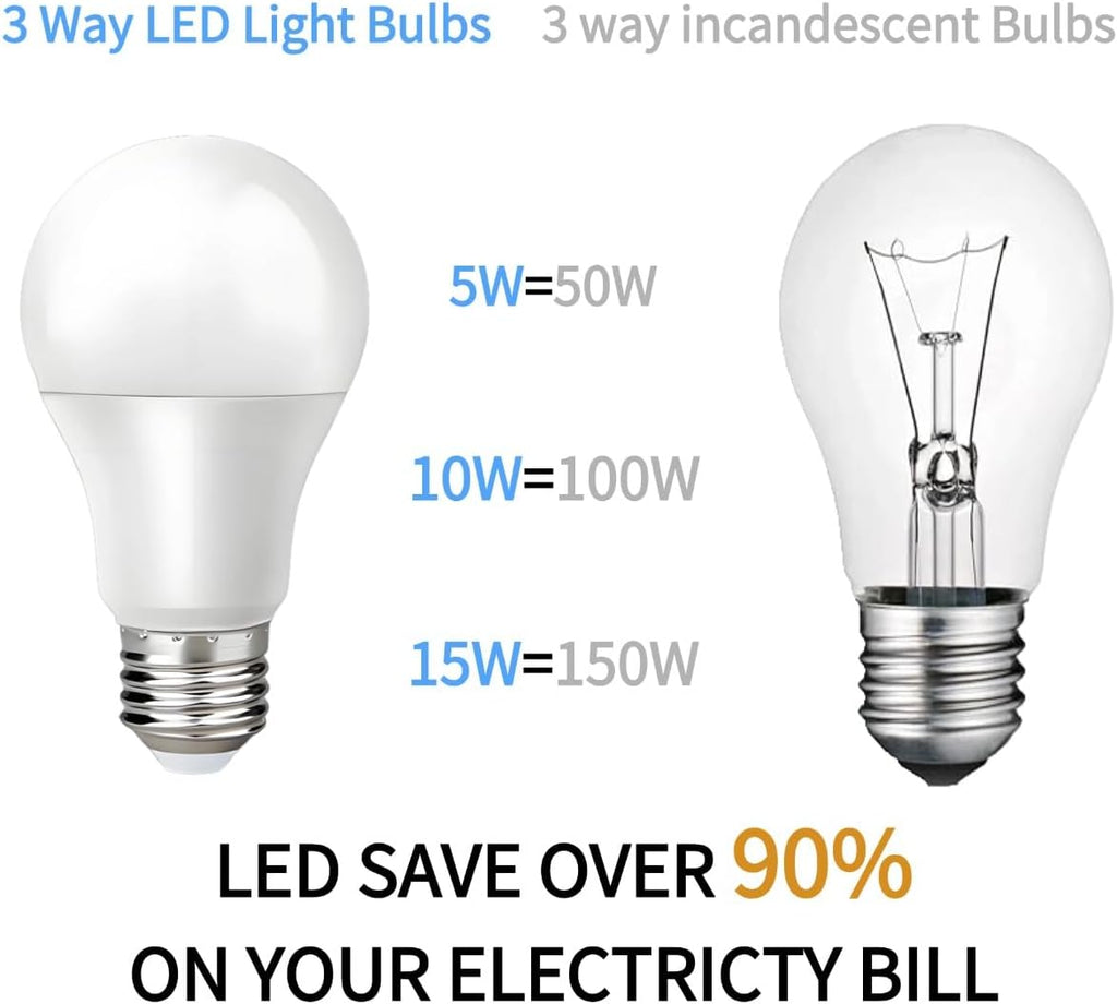 6 Pack 3-Way LED Light Bulb Three Way 50W-100W-150W Equivalent, E26 Base