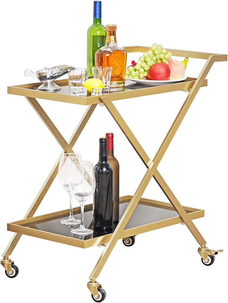 Gold Finish Bar Cart on Wheels, No-Tool Assembly 2-Tier Serving Cart with Black Tempered Glass Shelves & Locking