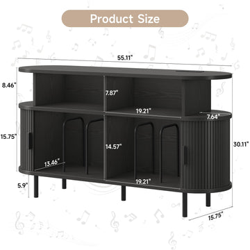 55" Large Round Record Player Stand with Charging Station, Black