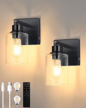 Wireless Battery Operated Wall Sconce Set of Two with Remote Control | Black Dimmable Rechargeable Wall Lights with