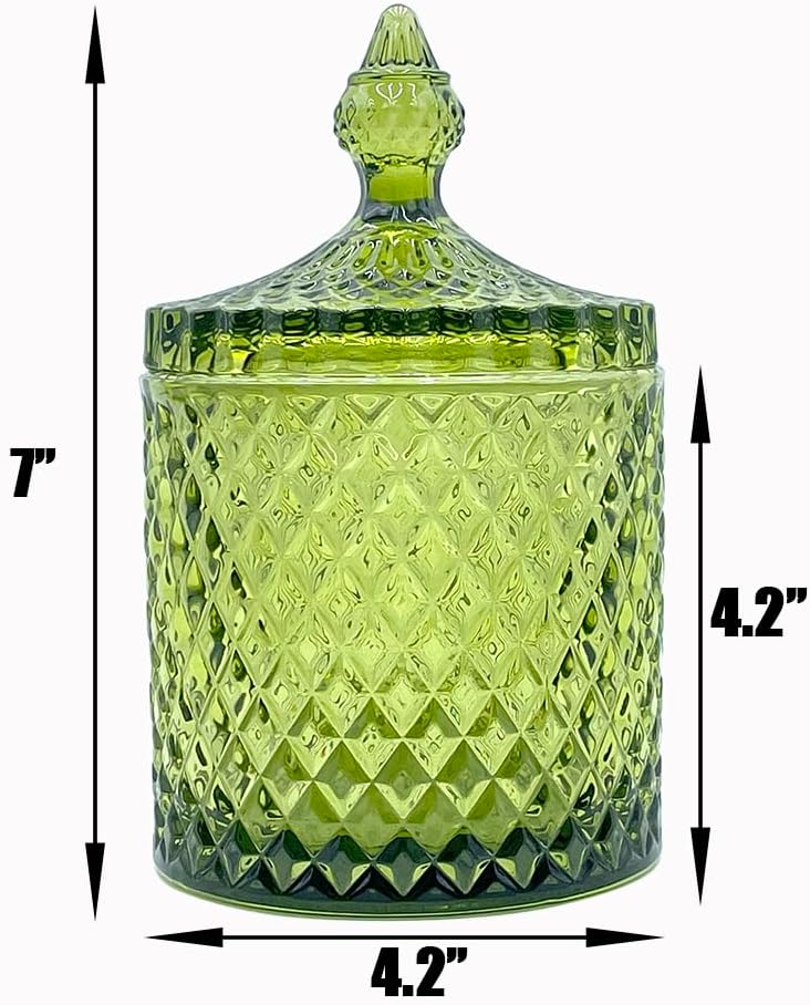 20 oz Olive Green Glass Candy Dish with Lid-Display Decorative Jar for Makeup Brush Holder,Q-Tip Storage,Cotton