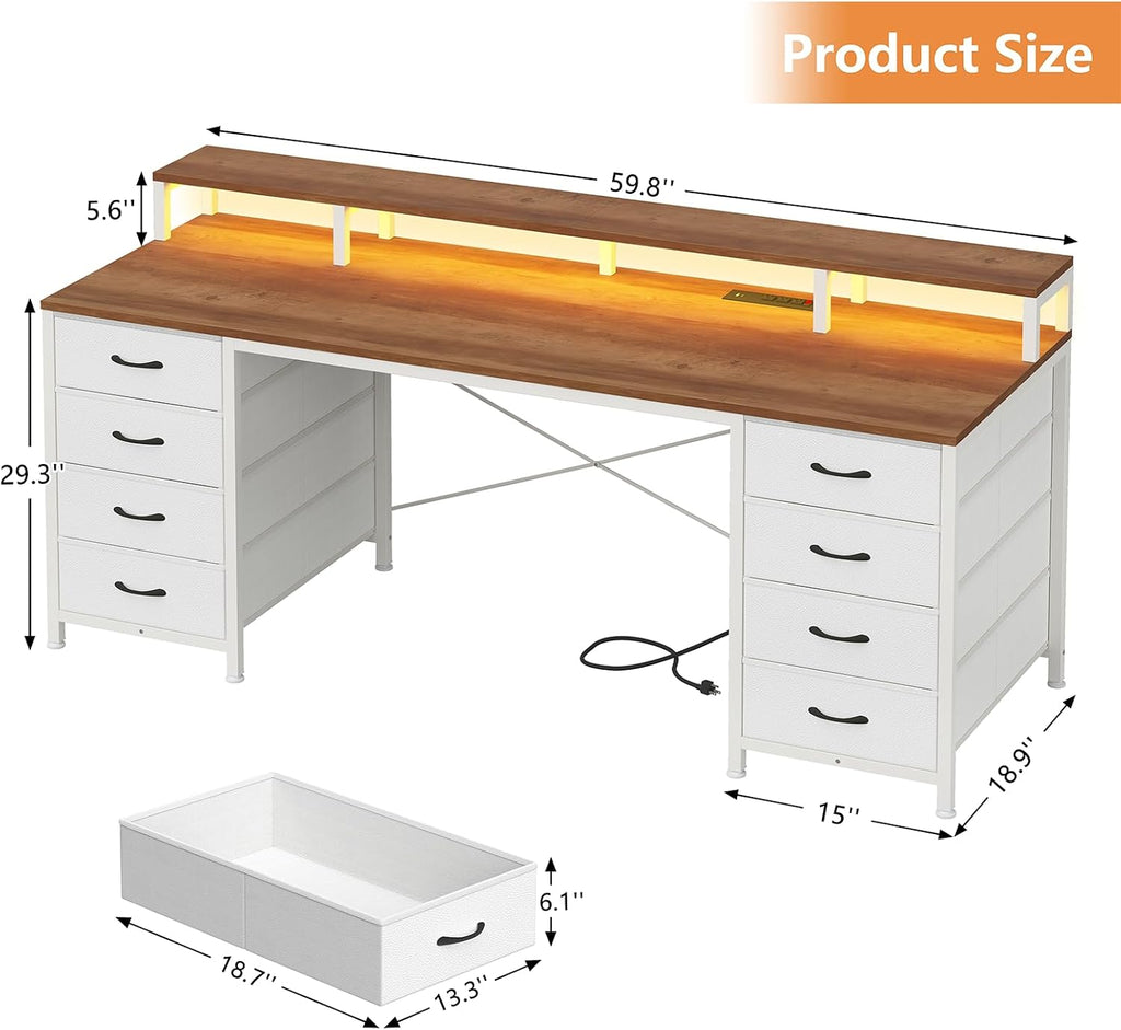 60" Computer Desk with 8 Drawers & Monitor Stand | Gaming Desk with LED Lights & Power Outlets, Home Office Desk with
