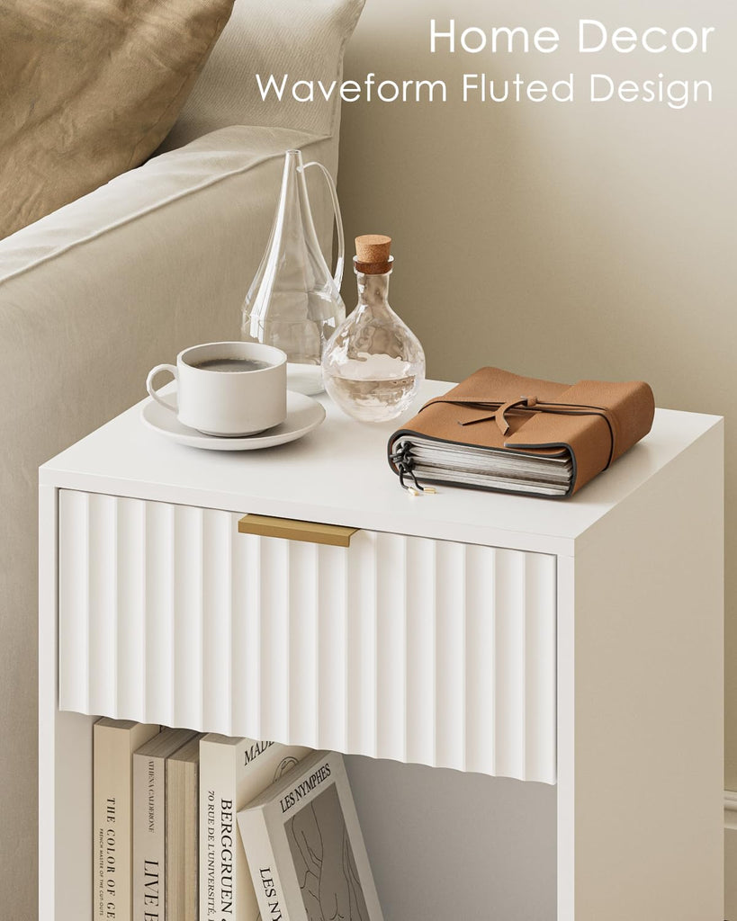White Nightstand, Fluted Night Stand, Wood Bedside Table with Storage Drawer, Modern Side End Table, White