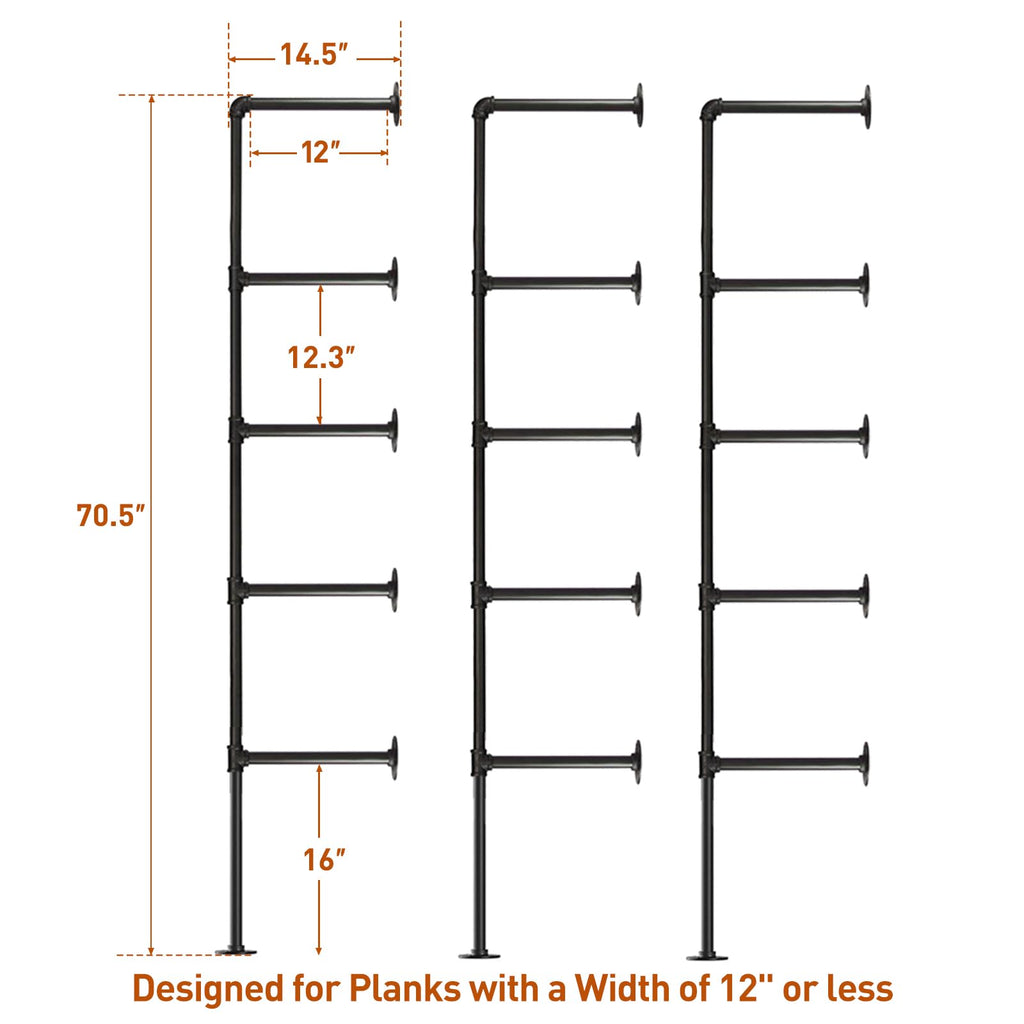 Industrial Iron Pipe Shelves, 3 Set 5-Tier 70.5" Tall 12" Depth, DIY Open Bookshelf Bookcase, Wall Mounted Vintage