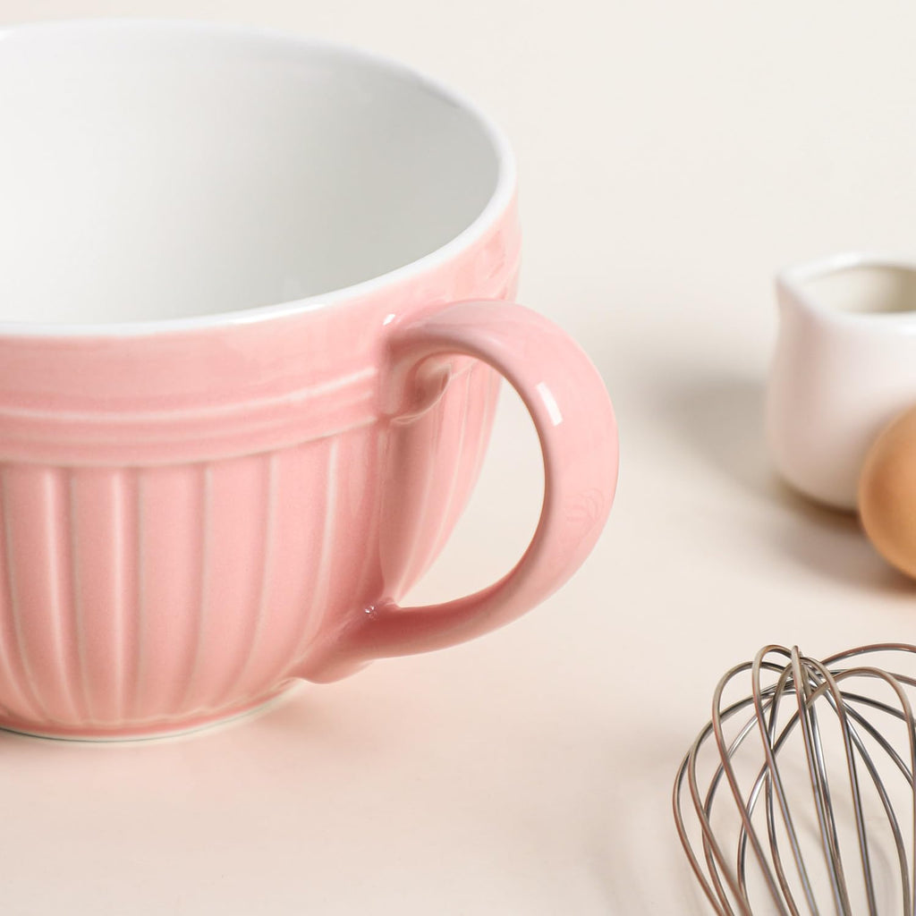 Bow Embossed Ceramic Mixing Bowl, 1 Quart Batter Bowl with Pouring Spout and Handle