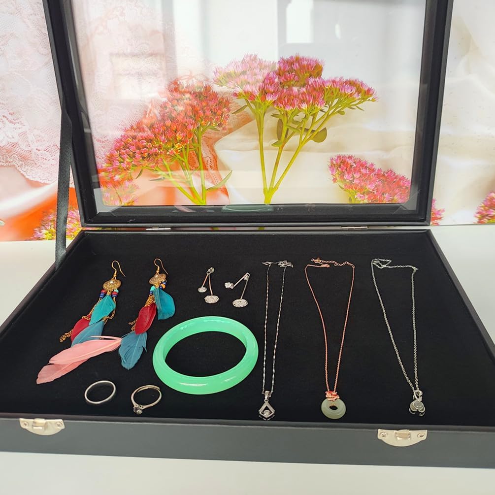 Wooden Jewelry Organizer Tray Box with Clear Lid, Travel Rectangle Organization Storage Box with Metal Clasp, Velvet