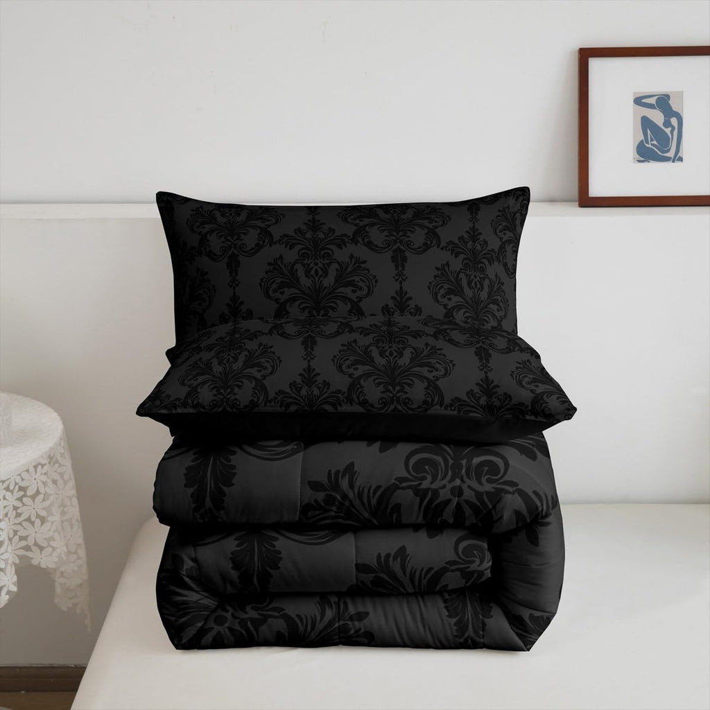 Black Damask Comforter Set, Gothic Vintage Damask Floral Bedding Set 2pcs, Antique Victorian Baroque Down
