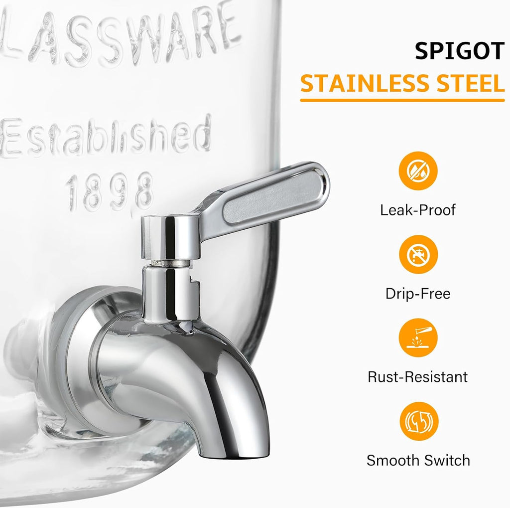 2 Gallon with Stand and Lid, 18/8 Stainless Steel Spigot - for Parties - Mason Jar Drink Dispensers with Lids