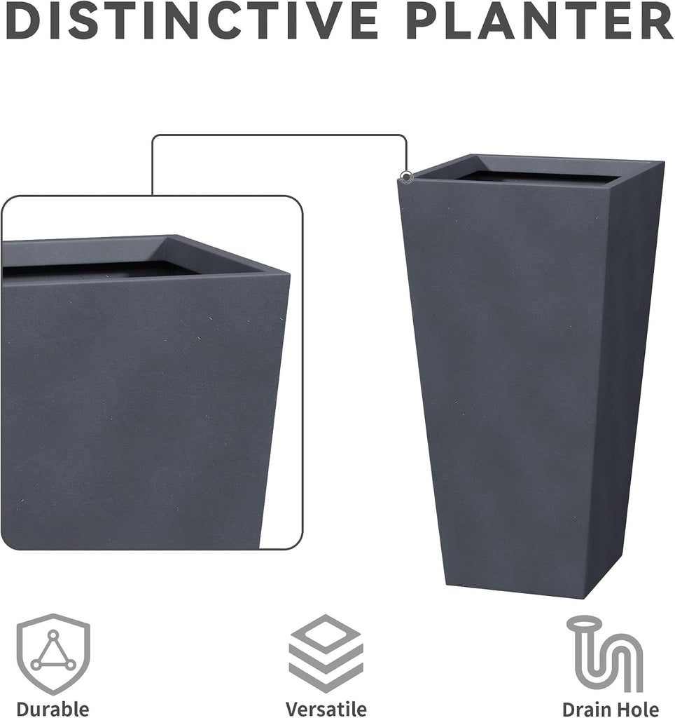 28 Inch Tall Tapered Concrete Planter, Modern Style Large Plant Pot with Drainage Hole and Rubber Plug , Backyard