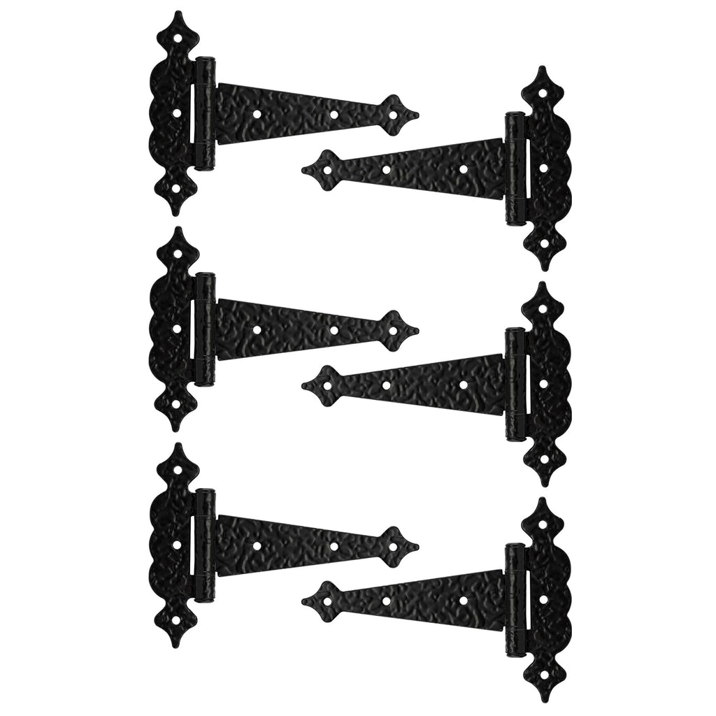 Heavy Duty Black Gate Hinges, 6 Inch Decorative Hammered Hinges, Outdoor T Hinges for Wooden Fences, Shed Door, Barn