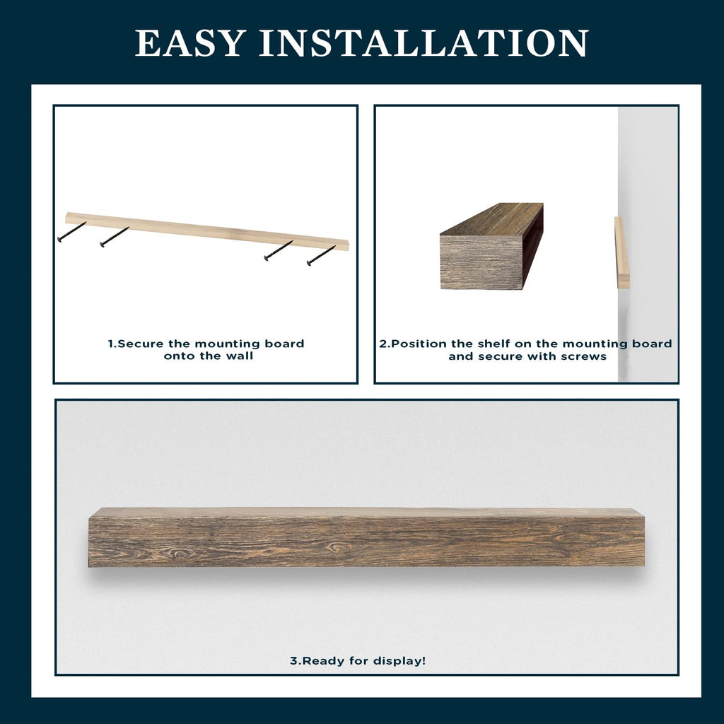 Vail Fireplace Mantel Shelf - 72 Inch Wide x 4 Inch Tall - Driftwood Finish, Rustic, Distressed, Wall Mounted Shelf