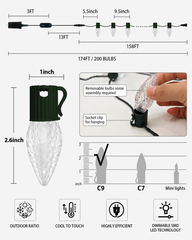 158FT 200 LED Smart C9 Christmas Lights Outdoor, RGB, App Controlled