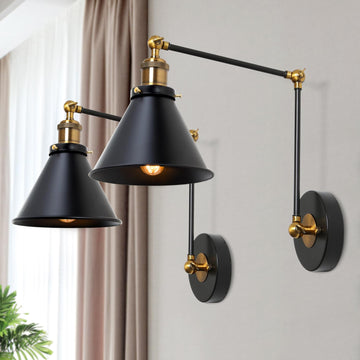 Black Wall Sconces Lighting, 2 Pack Modern Industrial Swing Arm Plug in or Hardwired Adjustable Wall Lamp