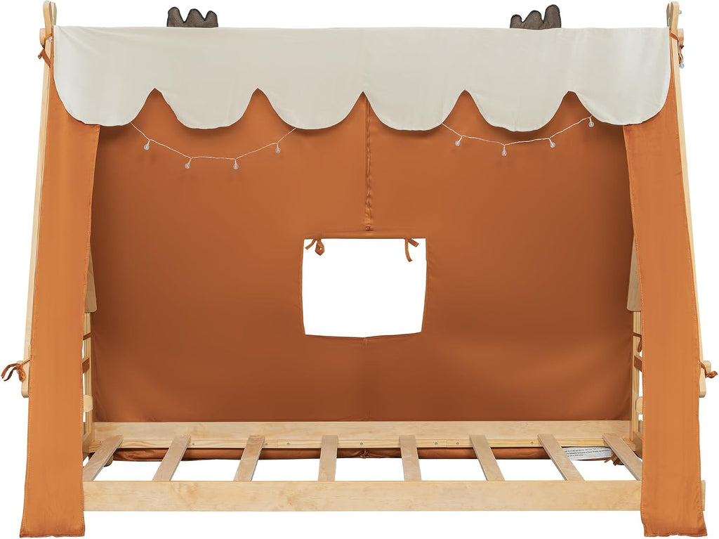 Twin Size House Bed with Tent & Light, Wooden Full Montessori Floor Beds for Kids with Roof, DIY Playhouse, No Box