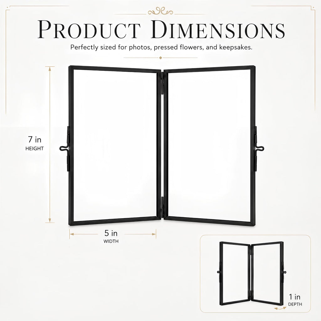 Black Hinged Double Glass Frame 5x7in, Photo Pressed Flower Tabletop Frame