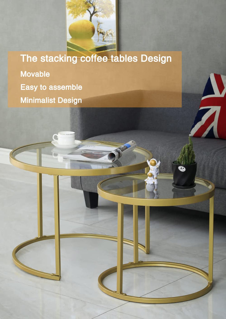 Round Nesting Coffee Gold Set of 2, Modern Side Tables with Sturdy Metal Frame and Tempered Glass.Minimalist End