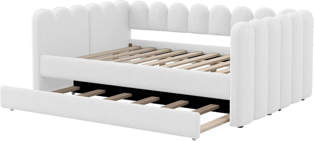 Queen Size Upholstered Daybed with Trundle Bed, Bouclé Fabric Scalloped Wave Shaped Frame, Platform Sofa Bed with