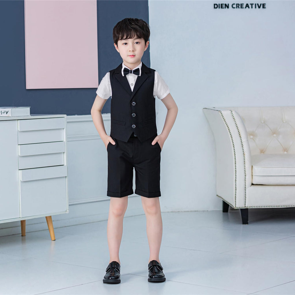 4Pcs Boys Suit, Kids Summer Dress Outfits Shirt Vest Shorts Bow Tie