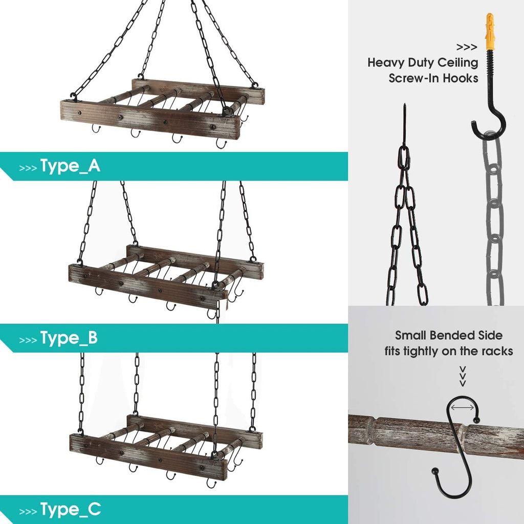 Hanging Pot Rack Pan Ceiling Wall Mounted Hanger Multi- Purpose Rustic Wood and Metal Cookware Kitchen Storage
