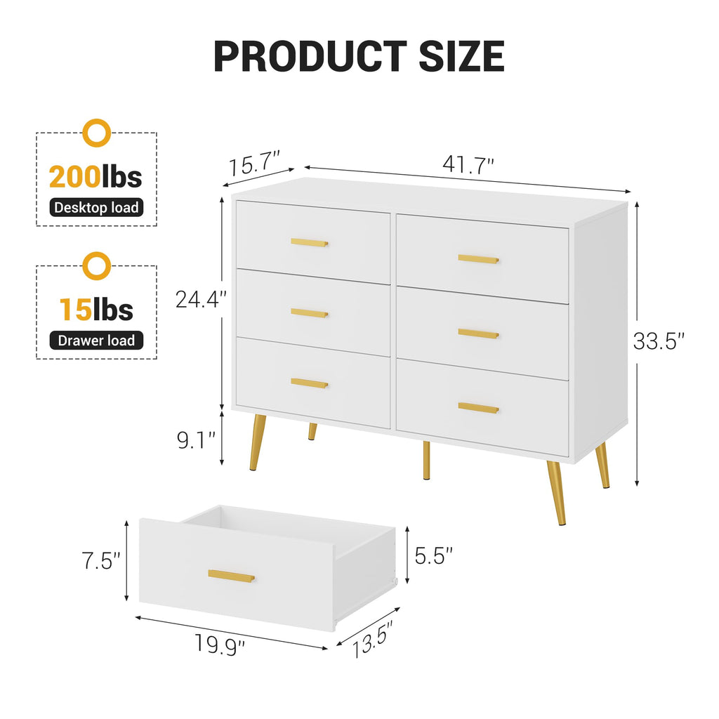 6 Drawer, Chest of Drawers with Gold Handles, White