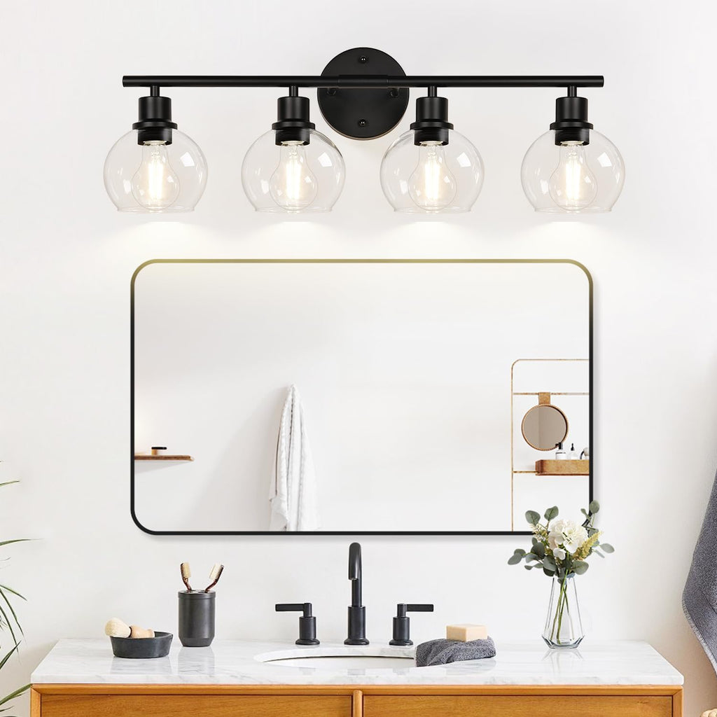 4-Light Bathroom Light Fixtures, Black Bathroom Lights Over Mirror with Clear Glass Globe Shade, Vanity Lights