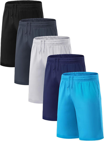 Boys Athletic Shorts 5 Pack, Lightweight Basketball Shorts for Kids Youth with Elastic Waist Drawstring, Quick Dry