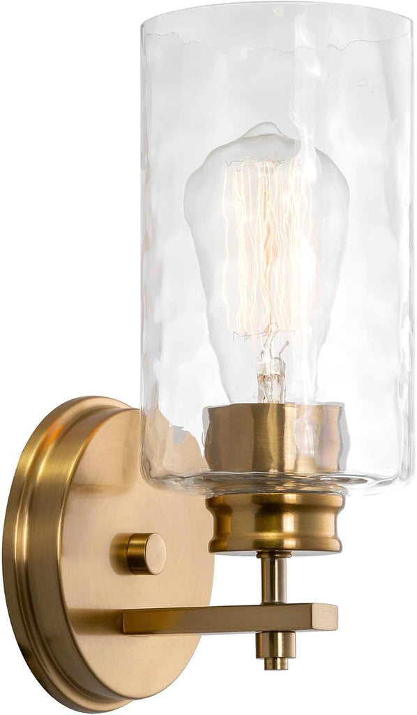 Phoebe 10" Modern Gold Wall Sconce with Hammered Glass Shade, Gold Wall Light with Water Glass Cylinder Shade, Cool