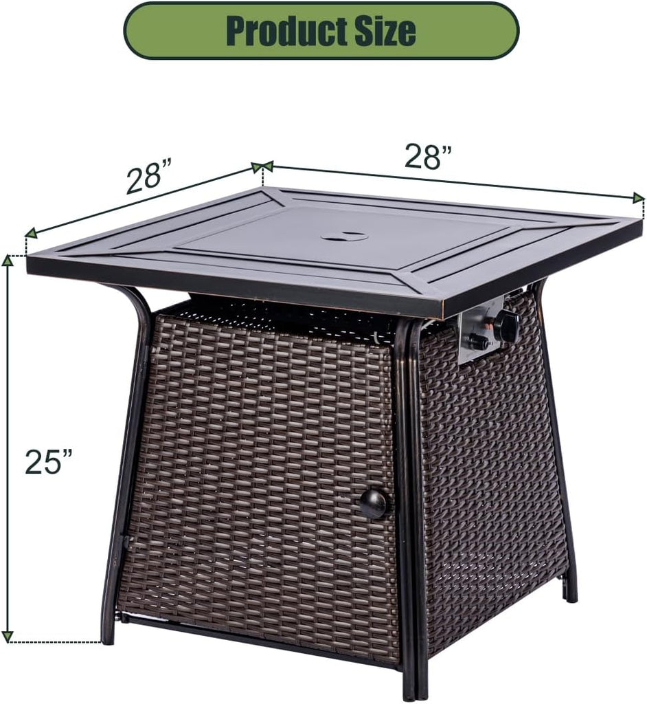28 inch Wicker Propane Fire Pit Table,Gas Fire Pits Table for Outside,50000 BTU Propane Firepit with Lid &Lava