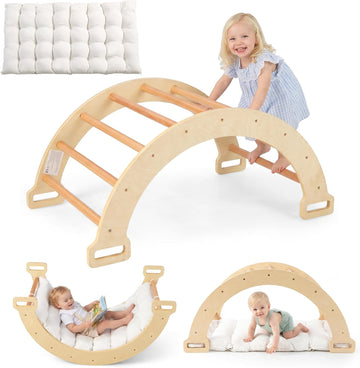 Wooden Arch Climber Rocker with Soft Cushion, 4 in 1 Montessori Climbing Ladder Toys for Toddlers, Waldorf Indoor