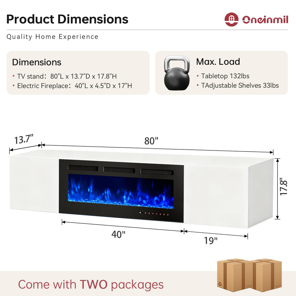 80" Floating TV Stand with 40" Electric Fireplace, Modern Entertainment Center with Storage, Adjustable 12-Color LED