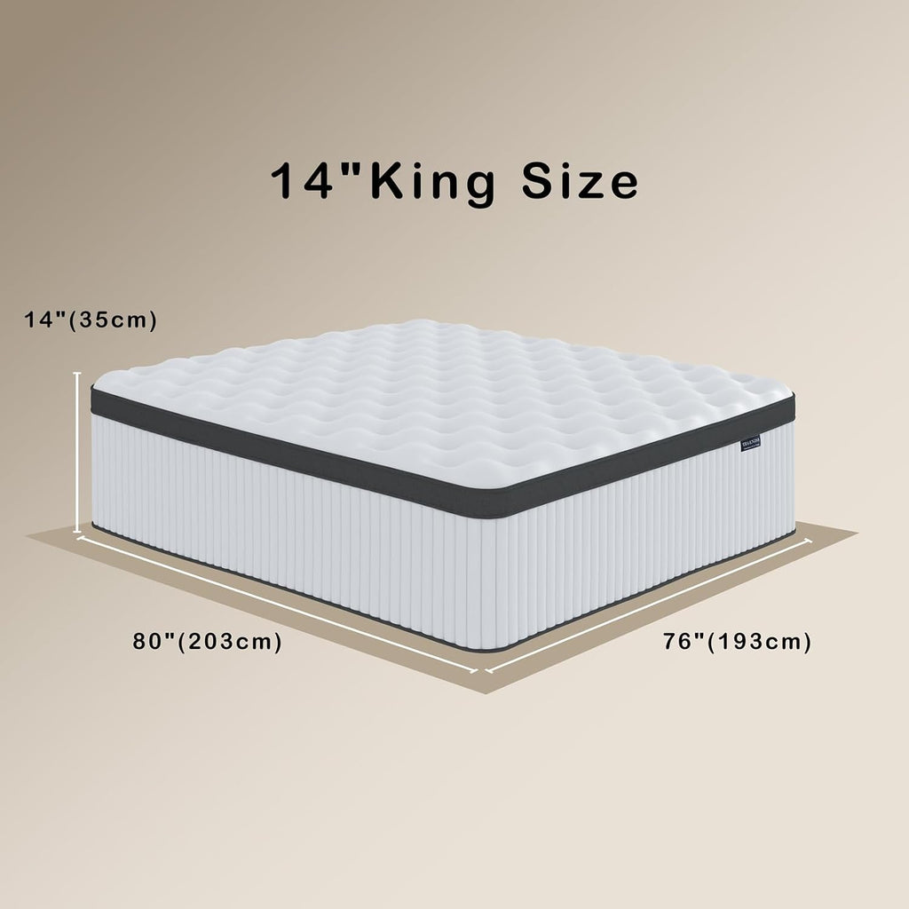 King Mattress, 14 Inch King Size Hybrid Mattresses with Memory Foam and Individual Pocket Spring for Motion