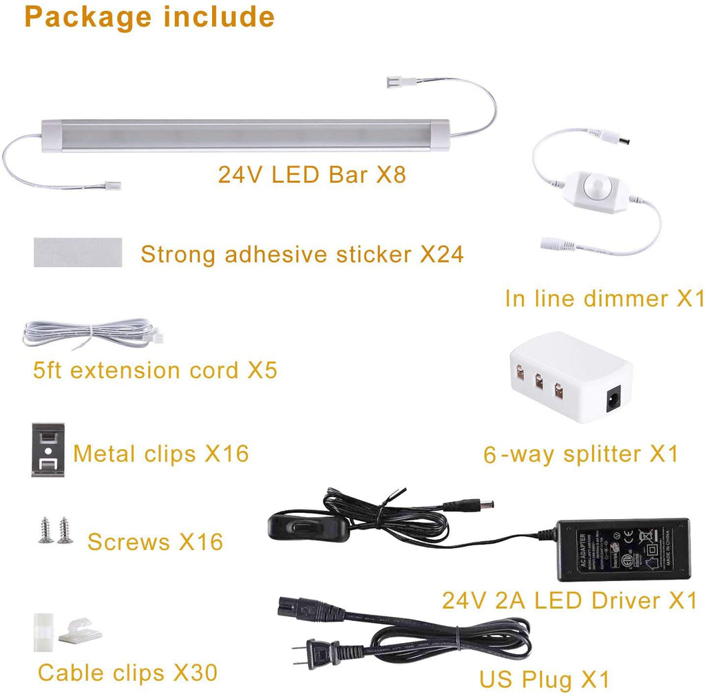 Under Cabinet Lighting Wired Plug in or Hardwired Cold White 6000K, 8 Pack 11inch Linkable Dimmable LED Under Cabinet