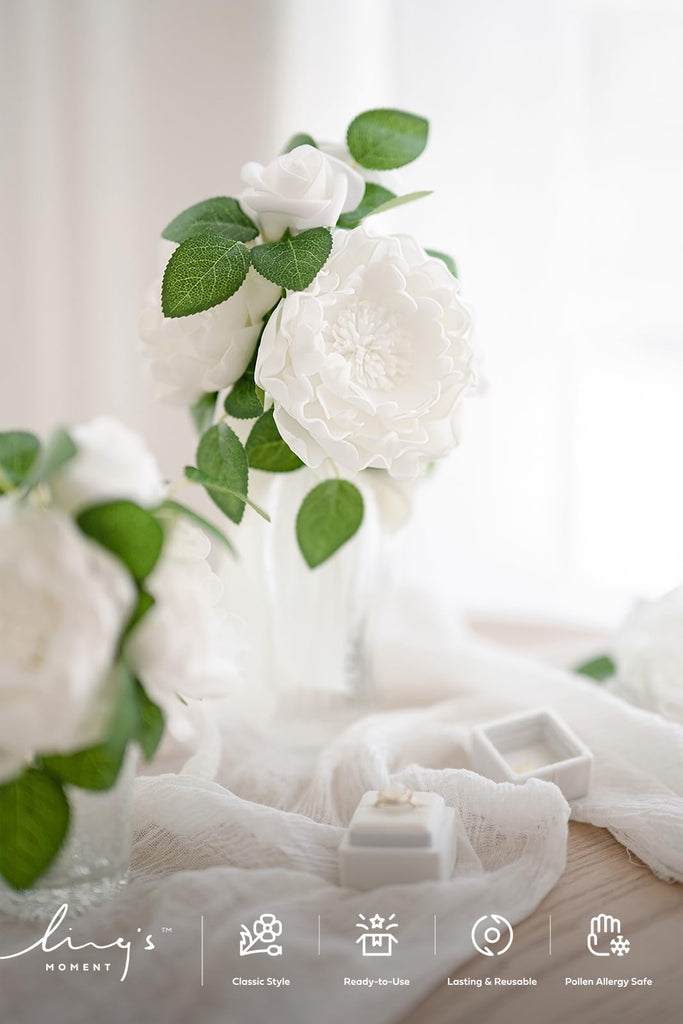White Artificial Peony Flowers with Stems, 16 pcs