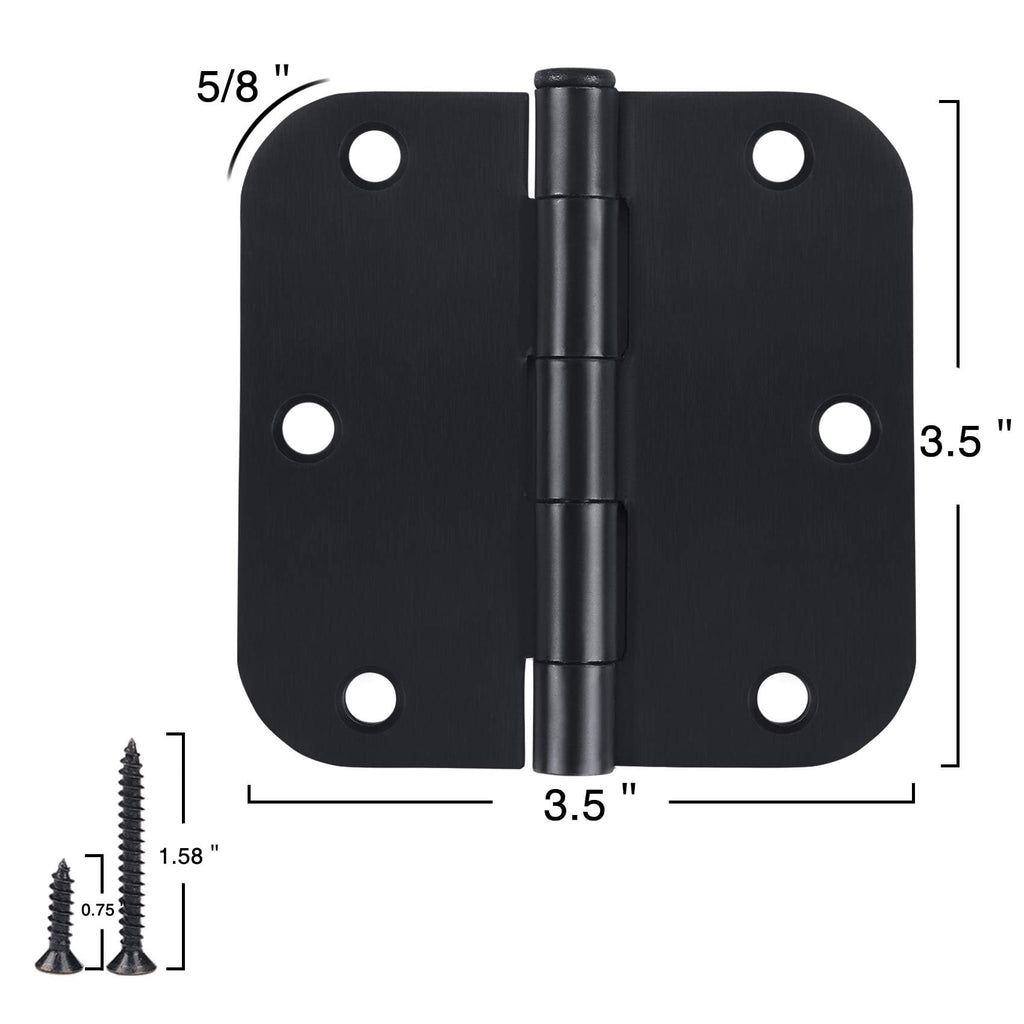 3.5 Inch Matte Black Door Hinges 3 1/2" Rounded 5/8" Flat 24 Pack