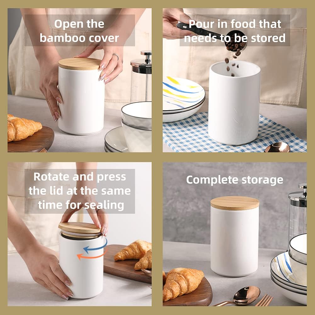 Kitchen Canisters Ceramic Food Storage Jar Set, Stackable Containers with Airtight Seal Wooden Lid for Serving Ground - Set of 4