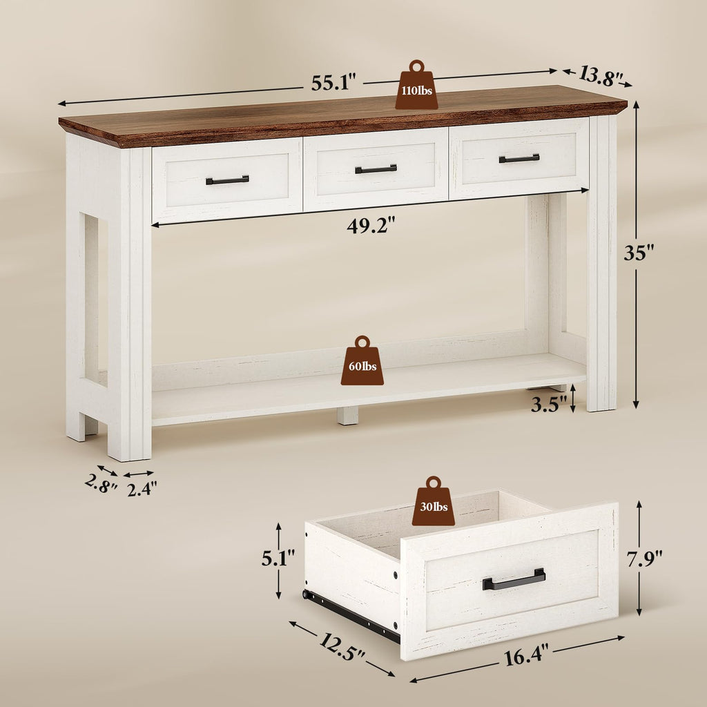 55" Farmhouse Console Table with 3 Drawers, Rustic Entryway Table
