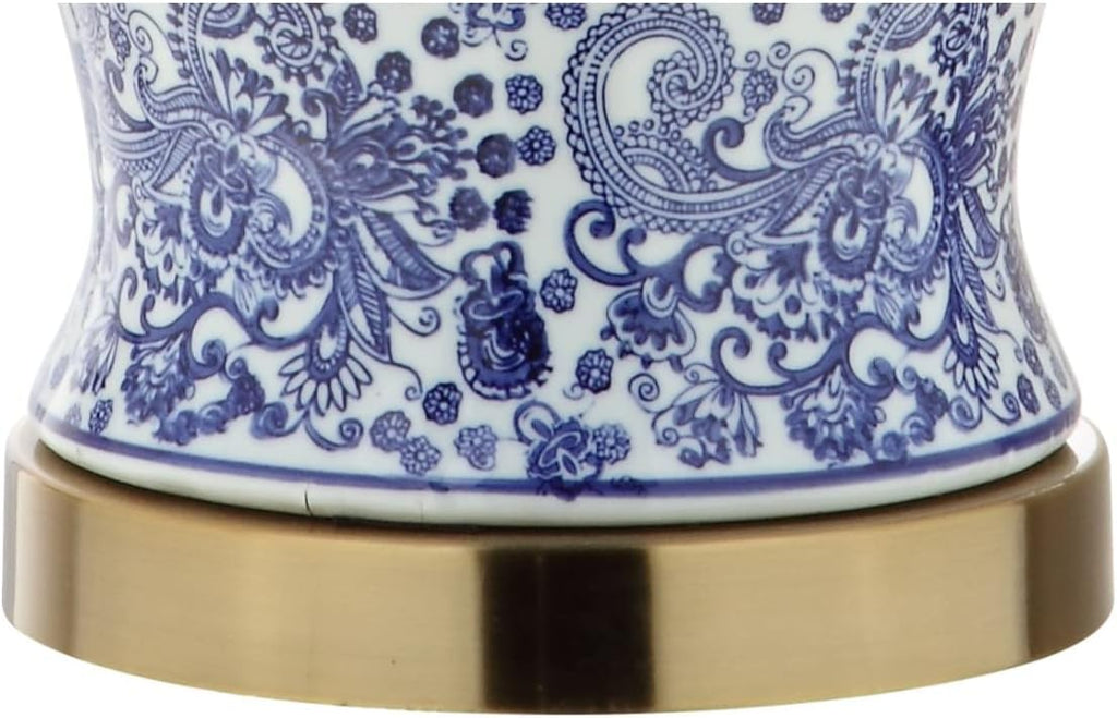 29.5" Blue/White Ceramic Table Lamp and Office, White Linen Drum Shade, Traditional Chinoiserie Ginger Jar Lamp