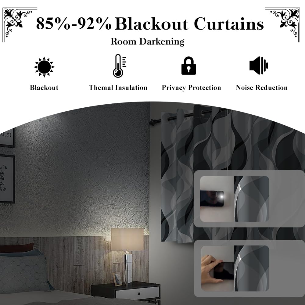 Blue Grey Wave Lines Window Curtains Abstract Art Aesthetic Gradient Blackout Curtains Geometric Thermal Insulated