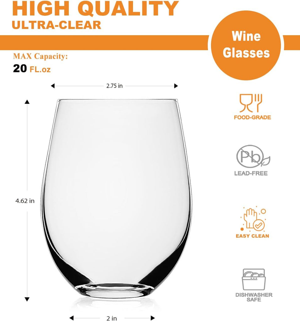 Stemless Wine Glasses(Set of 4)-20 oz,Crystal Wine Cups for Red or White Wine,Large Water Juice Glasses,No Stem Glass