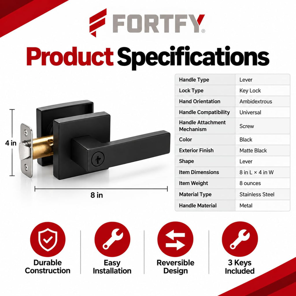 Matte Black Door Lever with Lock and Key - Keyed Entry Handle for Front Door, Bedroom & Office, Square Modern Lever