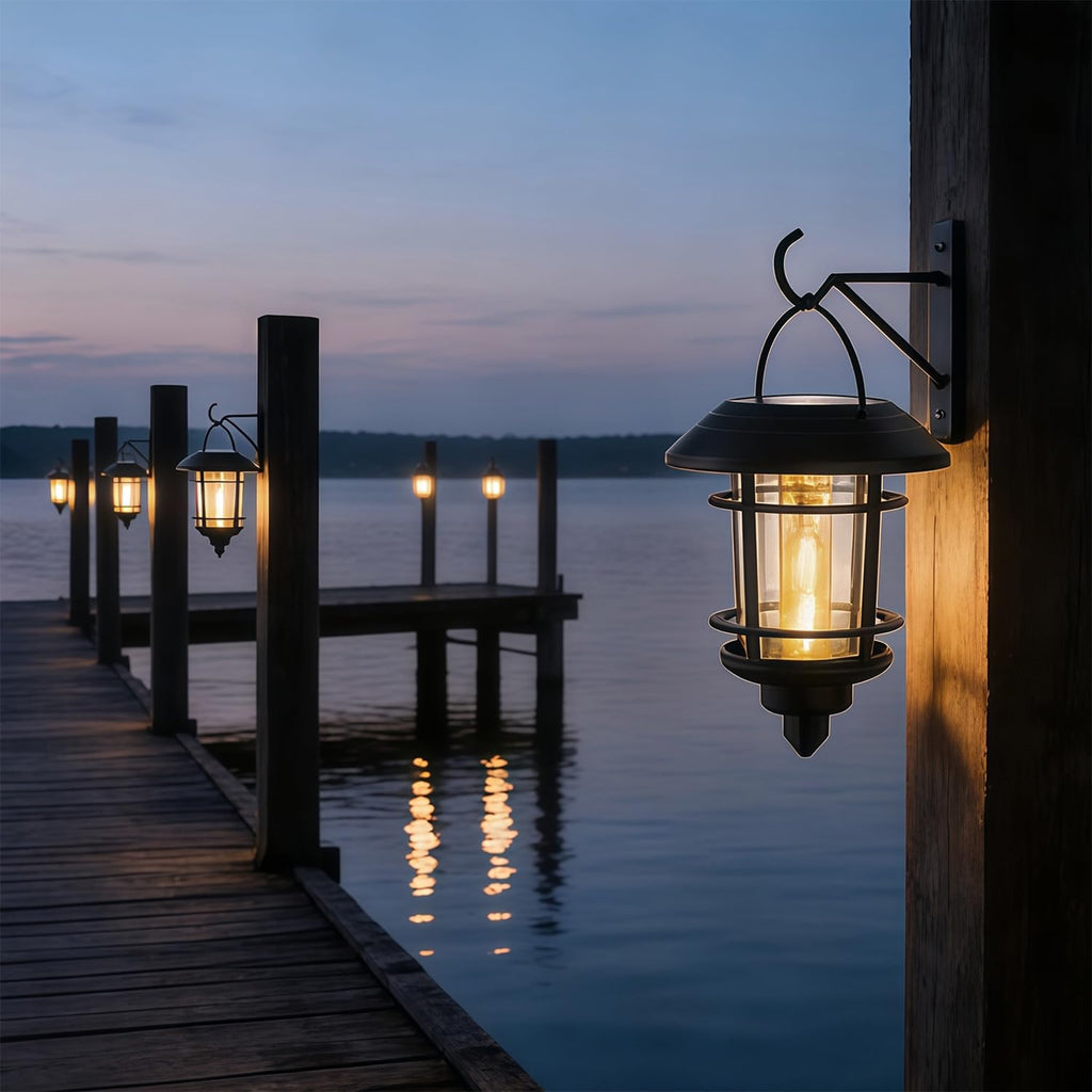4 Pack Solar Lanterns Outdoor, Hanging Lantern Solar Garden Lights with Edison Bulb, Wall Mounted LED Light Auto