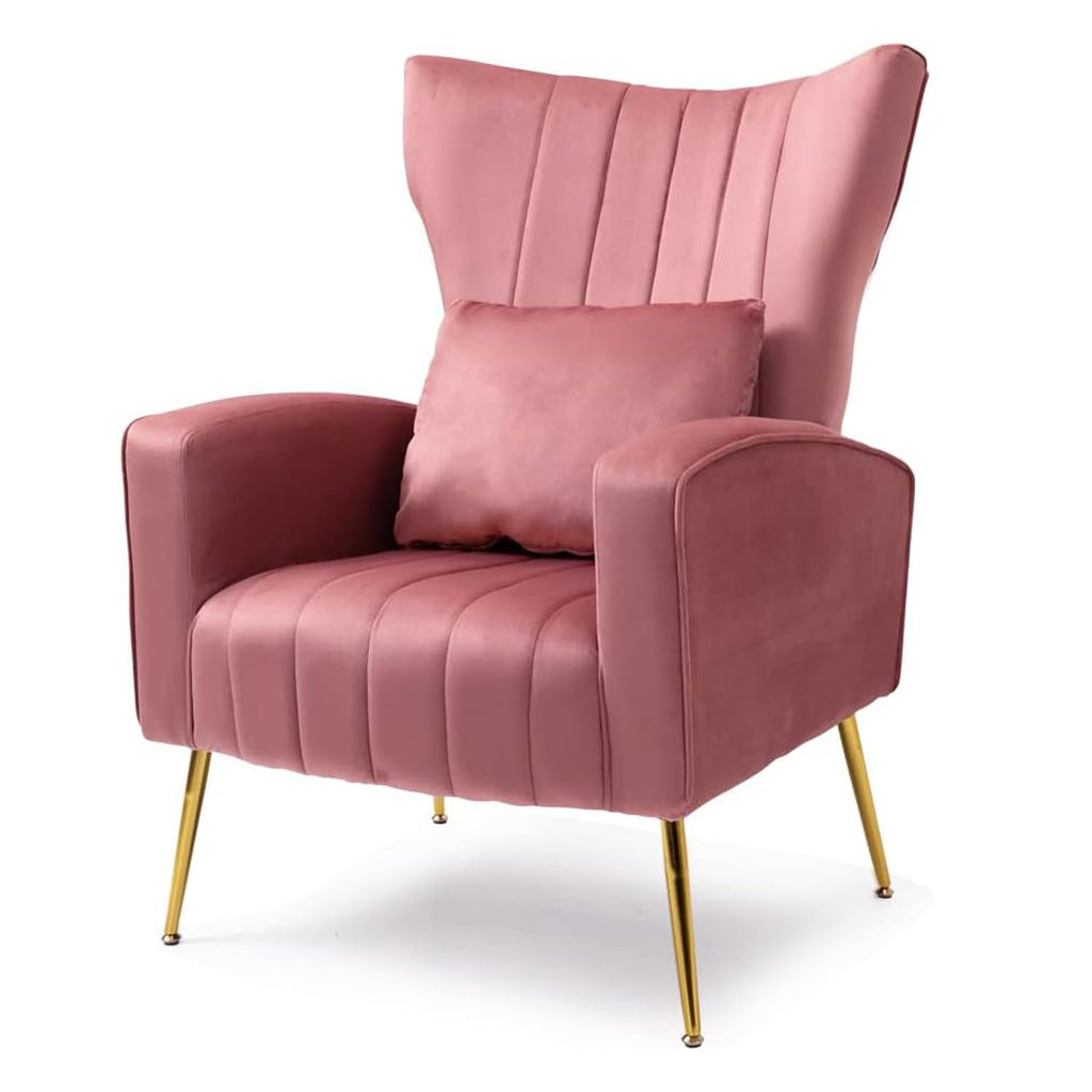 Velvet Accent Chair Bedroom, Modern Arm Chair with Wingback & Gold Metal Legs, Lumbar Pillow Included, Blush Pink