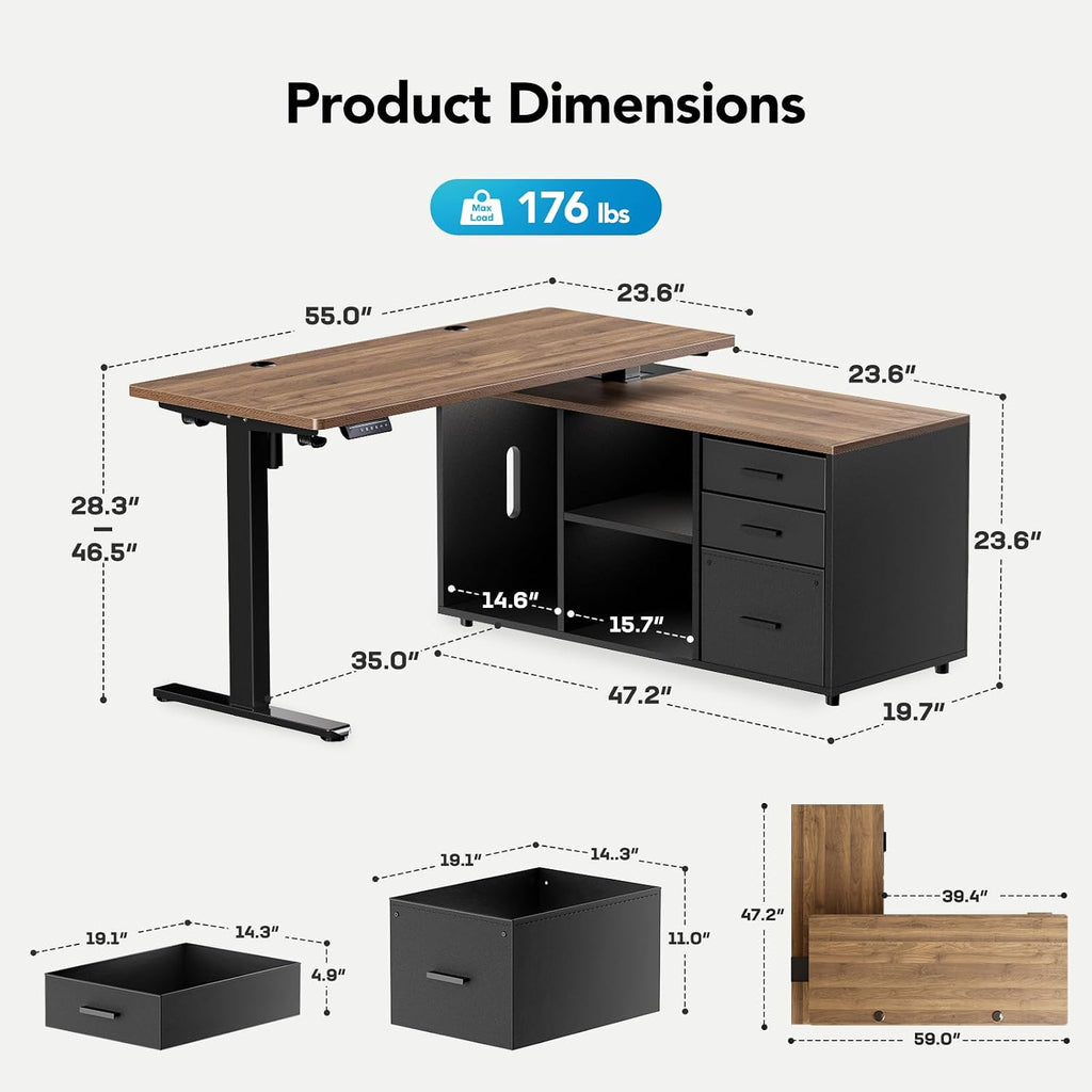 55′′ L Shaped Standing Desk with Drawers, Height Adjustable,Walnut | Electric Executive Desk with File Cabinet Sets