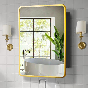 Mirror Medicine Cabinet 20 Inch x 28 Inch Gold Metal Framed Bathroom Medicine Cabinet with Mirror Rectangle Recess or