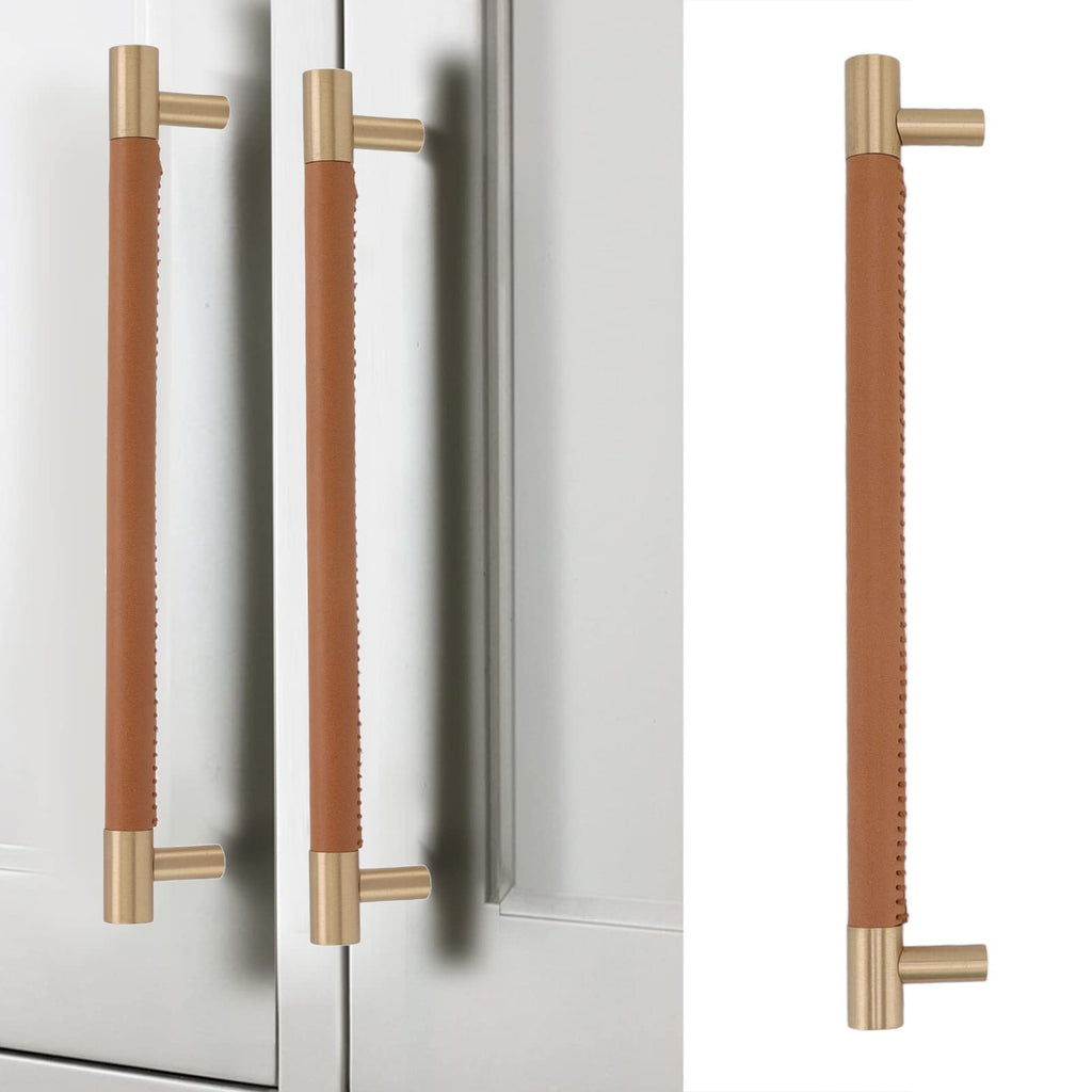 Leather Drawer Pulls 224mm Hole Center Brass Hardware Modern Cabinet Handles Wardrobe Dresser Furniture