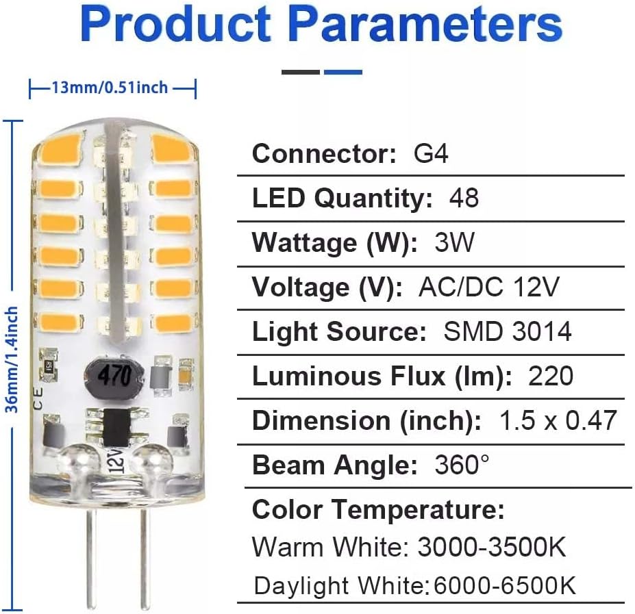 6pcs G4 LED Bulbs JC Type Bi-Pin Light 3W 12V Warm White 3000K T3 Halogen Bulb Replacement G4 Bulb for Outdoor